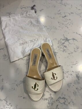 Jimmy Choo White Leather Logo Slide Mules with Gold JC Hardware